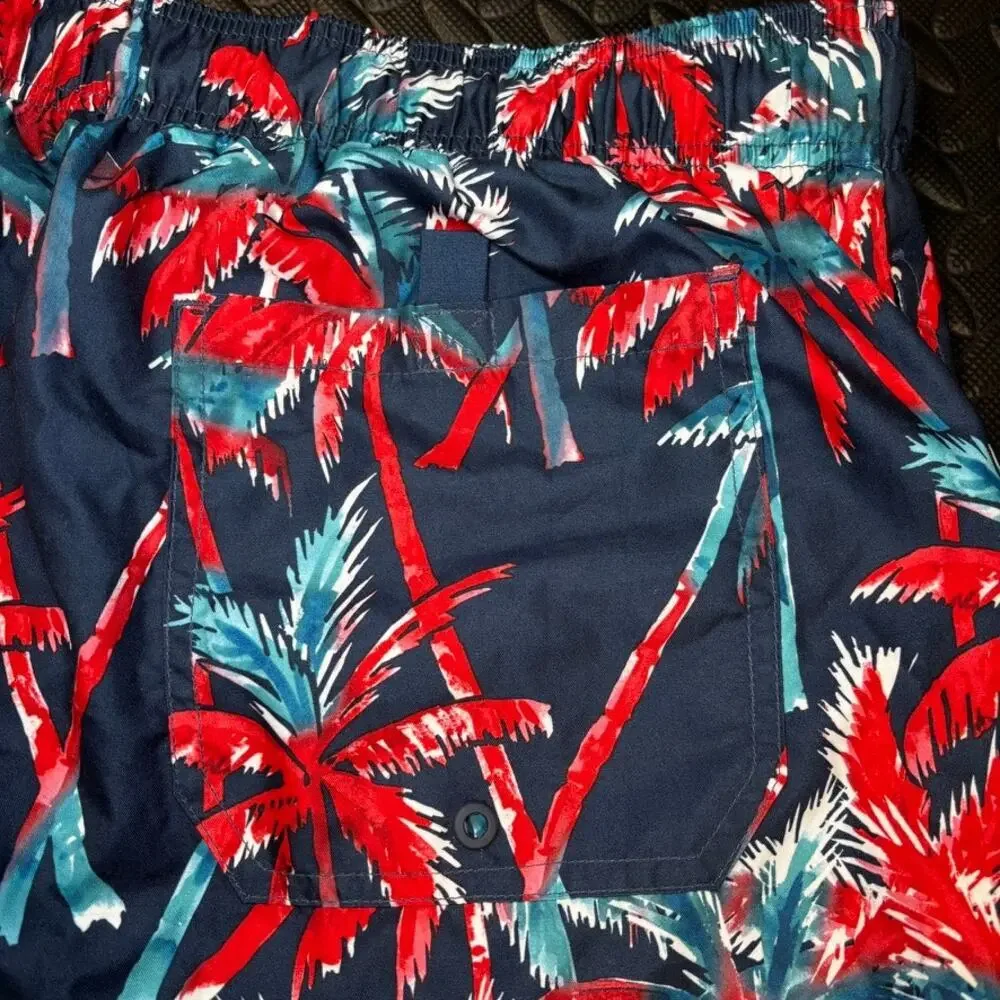 George Palm Trees Swim Trunks Size 2XL (44-46) Men`s Blue Red Beach Shorts
